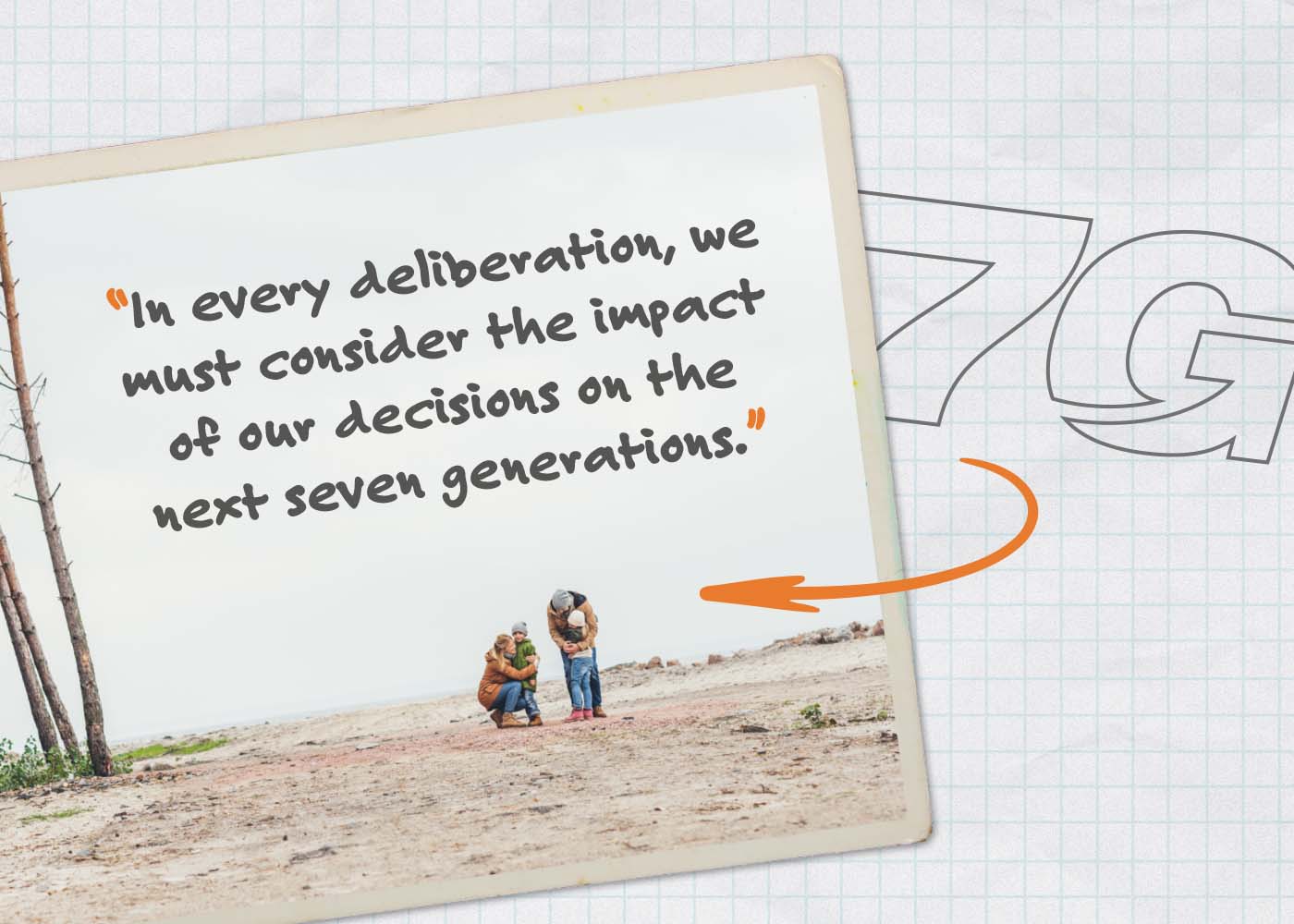 sevgen_45809_Blog_2025_11-October Quote graphic that reads “In every deliberation, we must consider the impact of our decisions on the next seven generations” with a small photo of two adults and a child standing together on a beach.