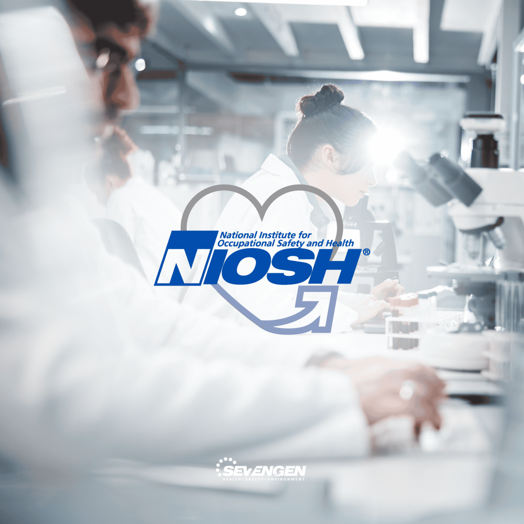 NIOSH graphic overlaid on a laboratory scene with researchers working at microscopes